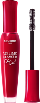 Czerwona maskara Bourjois Volume Glamour Oh Oui! z otwartym aplikatorem i czarną, zygzakowatą szczoteczką.