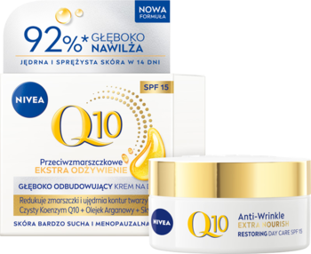 Nivea Q10 przeciwzmarszczkowy krem na dzień SPF15. Białe pudełko i słoiczek z złotym logo, widok z przodu.