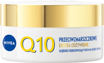 NIVEA Q10 Przeciwzmarszczkowy krem na dzień SPF15 w białym słoiku ze złotą zakrętką, widok z przodu.