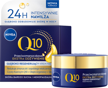 NIVEA Q10 Ekstra Odżywienie krem na noc. Granatowe pudełko i słoik ze złotą nakrętką.