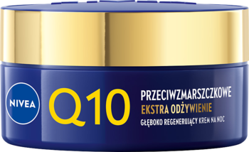 Nivea Q10 Ekstra Odżywienie, przeciwzmarszczkowy krem na noc, ciemnoniebieski słoik ze złotą pokrywką, widok z przodu.