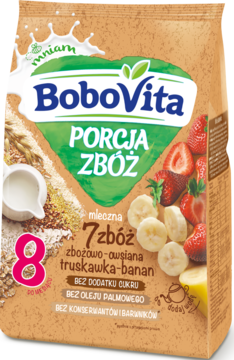 Beżowa torebka BoboVita Porcja Zbóż, kaszka mleczna 7 zbóż truskawka-banan. Widok z przodu, bez cukru.