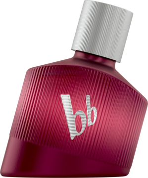 Woda perfumowana bruno banani Loyal Man w ciemnoczerwonym, żebrowanym flakonie o skośnym kształcie, srebrny korek, widok pod kątem.
