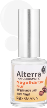 Alterra NagelhäRter Kur, odżywka wzmacniająca paznokcie, przezroczysta butelka, z białymi próbkami obok.