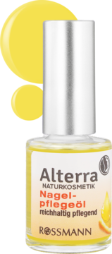 Olejek do paznokci Alterra Rossmann w szklanej butelce z żółtym płynem. Srebrna nakrętka, etykieta 'Nagel-Pflegeöl'.