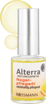 Alterra NATURKOSMETIK Nagelpflegeöl, olejek do paznokci w szklanej butelce z srebrną nakrętką i kroplami oleju.