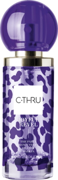 C-THRU Joyful Revel Eau de Toilette w fioletowym flakonie z cętkami lamparta, przezroczysty, z kulistą nakrętką, widok z przodu.