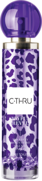 C-THRU Joyful Revel Eau de Toilette, fioletowa butelka z leopardzim wzorem i złotym paskiem, widok z przodu.