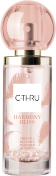 C-THRU Harmony Bliss perfumy, przezroczysta butelka z różowymi piórami, złotym kołnierzem i brokatem, widok z przodu.