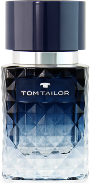 Butelka perfum Tom Tailor For Him, ciemnoniebiesko-przejrzysta z fasetami, srebrny pierścień, logo Tom Tailor.