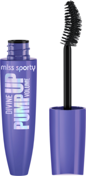 Fioletowy tusz do rzęs Miss Sporty Divine Pump Up Volume z wyjętą czarną szczoteczką, widok z przodu.