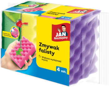 Zmywak falisty Jan Niezbędny, zestaw 4 sztuk fioletowych i różowych gąbek w przezroczystym opakowaniu.