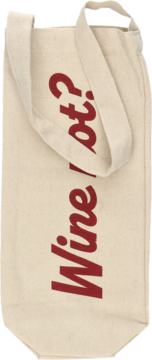 Cream canvas wine bottle tote bag with red 'Wine / not?' text printed vertically, handles at top, front view.