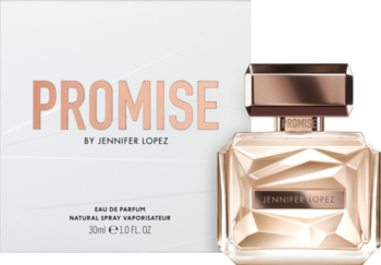 Jennifer Lopez Promise woda perfumowana, złoty flakon z geometrycznym wzorem i białym pudełkiem z rose gold napisem.