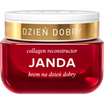 Janda Collagen Reconstructor krem na dzień dobry, czerwony słoik z białym wieczkiem i złotym paskiem, widok z przodu.