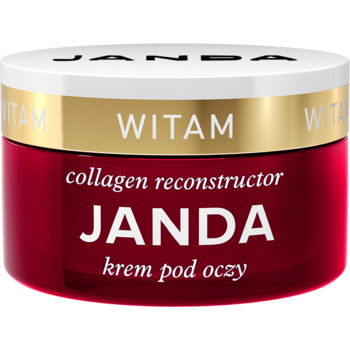 Czerwony słoiczek Janda Collagen Reconstructor kremu pod oczy z białym wieczkiem i złotym paskiem, widok z przodu.