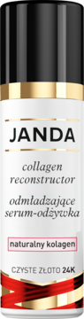 Janda Collagen Reconstructor serum-odżywka, biała butelka z czarną zakrętką, złote detale i czerwony wzór.
