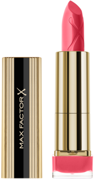 Pomadka Max Factor Colour Elixir w odcieniu koralowym, otwarta, złota obudowa, obok złoto-czarna skuwka.