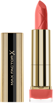 Nawilżająca pomadka Max Factor Colour Elixir Pink Brandy, otwarta, złoto-czarne opakowanie, sztyft z logo.