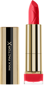 Czerwona pomadka Max Factor Colour Elixir Cherry Kiss w złotej tubie z czarno-złotą zakrętką, zbliżenie.