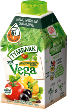 Tymbark Sok Vega Śródziemnomorski Ogród, karton 1L z warzywami: pomidory, papryka, oliwki. Nowe opakowanie.