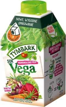 Tymbark Sok Vega Prowansalskie Pola, nowy karton z zieloną nakrętką i grafiką świeżych warzyw.