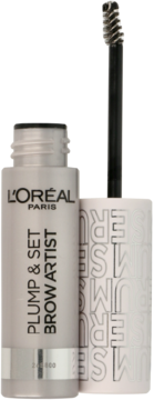 Otwarty transparentny tusz do brwi L'Oréal Paris Plump & Set Brow Artist w metalicznej szarej tubie z widocznym aplikatorem ze szczoteczką.