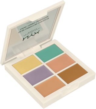 Otwarta paleta NYX Color Correcting Palette z 6 kremowymi odcieniami: żółtym, miętowym, brzoskwiniowym i brązowym.