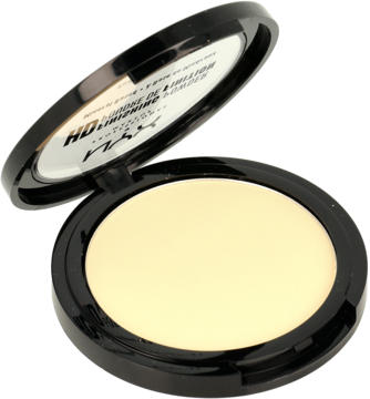 NYX HD Finishing Powder w otwartym czarnym kompakcie, widoczny żółtawy puder matujący i lusterko w wieczku.