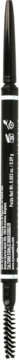 Ciemny, pionowy ołówek do brwi MICRO BROW PENCIL ze szczoteczką, zamazany tekst etykiety i srebrne końcówki.