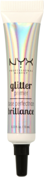 NYX Professional Makeup Glitter Primer w błyszczącej, holograficznej tubce z białym zamknięciem, widok z przodu.