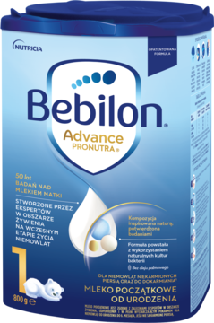 Niebiesko-białe pudełko Bebilon 1 Advance Pronutra, mleko początkowe dla niemowląt od urodzenia, 800g, widok z przodu.