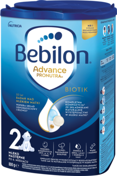 Niebieskie opakowanie Bebilon 2 Advance Pronutra BIOTIK, mleko następne po 6 miesiącach, 800g, widok z przodu.