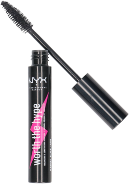 NYX Worth The Hype Mascara, czarna tuba z różową błyskawicą, otwarta z wysuniętą czarną szczoteczką.