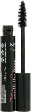 Czarny tusz NYX Worth The Hype Waterproof, otwarta tuba z różowym wzorem, wyjęta czarna szczoteczka.