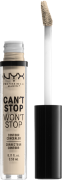 NYX Can't Stop Won't Stop korektor do konturowania w przezroczystej butelce, aplikator z jasnym beżowym płynem, widok z przodu.