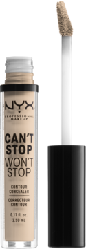 NYX Can't Stop Won't Stop Contour Concealer. Beżowy korektor w transparentnej butelce z otwartym aplikatorem.