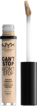 Beżowy płynny korektor NYX Can't Stop Won't Stop w butelce, z wyciągniętym aplikatorem.