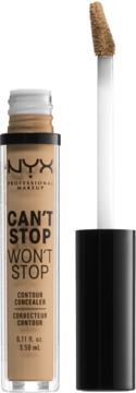 NYX Can't Stop Won't Stop korektor do konturowania w butelce z brązowym płynem, obok wyciągnięty aplikator.