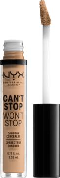 Beżowy korektor NYX Can't Stop Won't Stop Contour Concealer w przezroczystej tubce, z wysuniętym aplikatorem.