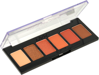 Kompaktowa, otwarta paleta cieni NYX Ultimate Edit Petite Shadow Palette, 6 ciepłych odcieni brązu i pomarańczu.
