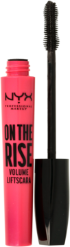 NYX On The Rise Volume Liftscara, różowa butelka otwarta z czarną szczoteczką o kształcie klepsydry.