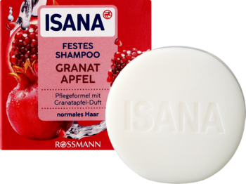 Isana szampon w kostce granat, do włosów normalnych. Biała kostka z logo obok czerwonego opakowania Rossmann.