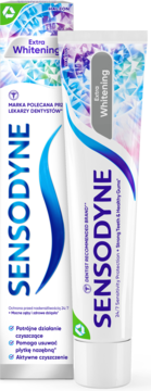 Sensodyne Extra Whitening pasta do zębów, biała tubka i karton, widok z przodu, niebiesko-fioletowe detale.
