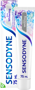 Sensodyne Extra Whitening pasta w białej tubce 75ml, niebiesko-fioletowy wzór i logo, widok frontalny.