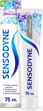Sensodyne Extra Whitening, pasta 75ml w białej tubce i opakowaniu z niebiesko-fioletowym designem, widok z przodu.