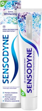 Sensodyne Extra Whitening pasta do zębów, biała tubka i opakowanie z niebieskim logo, widok frontalny.