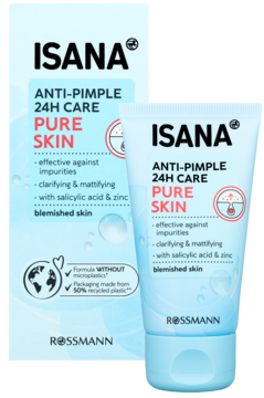 Opakowanie i tubka Isana Anti-Pimple 24h Care Pure Skin, kremu do cery trądzikowej z cynkiem i kwasem salicylowym.