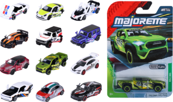 Metalowe modele samochodów Majorette 1:64: 12 różnych aut oraz zielony pickup w opakowaniu blister.