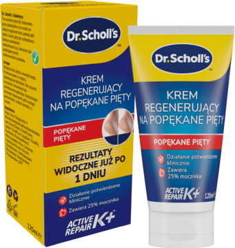 Dr. Scholl's krem regenerujący na popękane pięty, pudełko i tubka z 25% mocznika, efekt po 1 dniu.